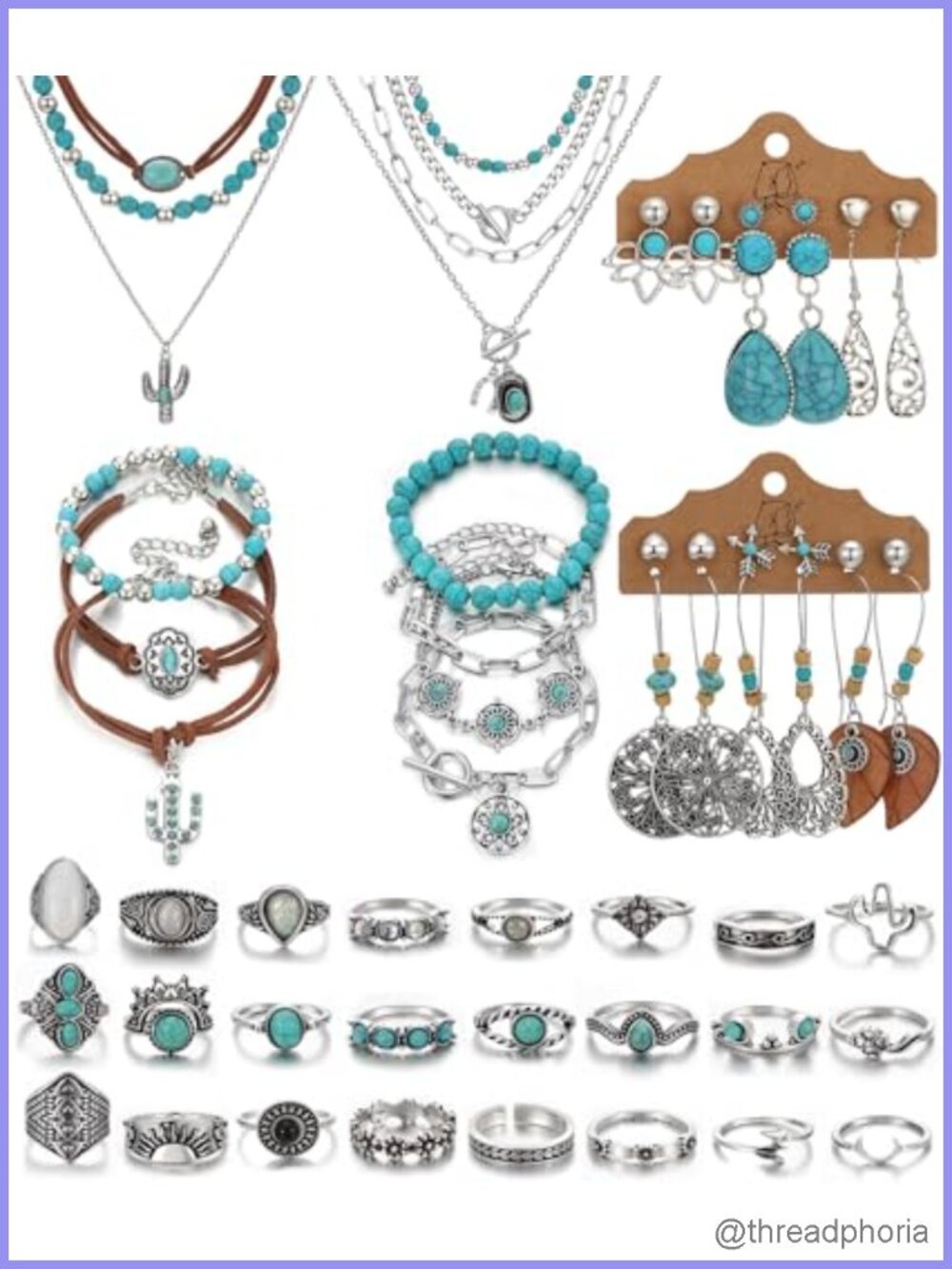 Bohemian Turquoise Jewelry Set 7 Necklaces 12 Earrings Bracelets Rings Gift